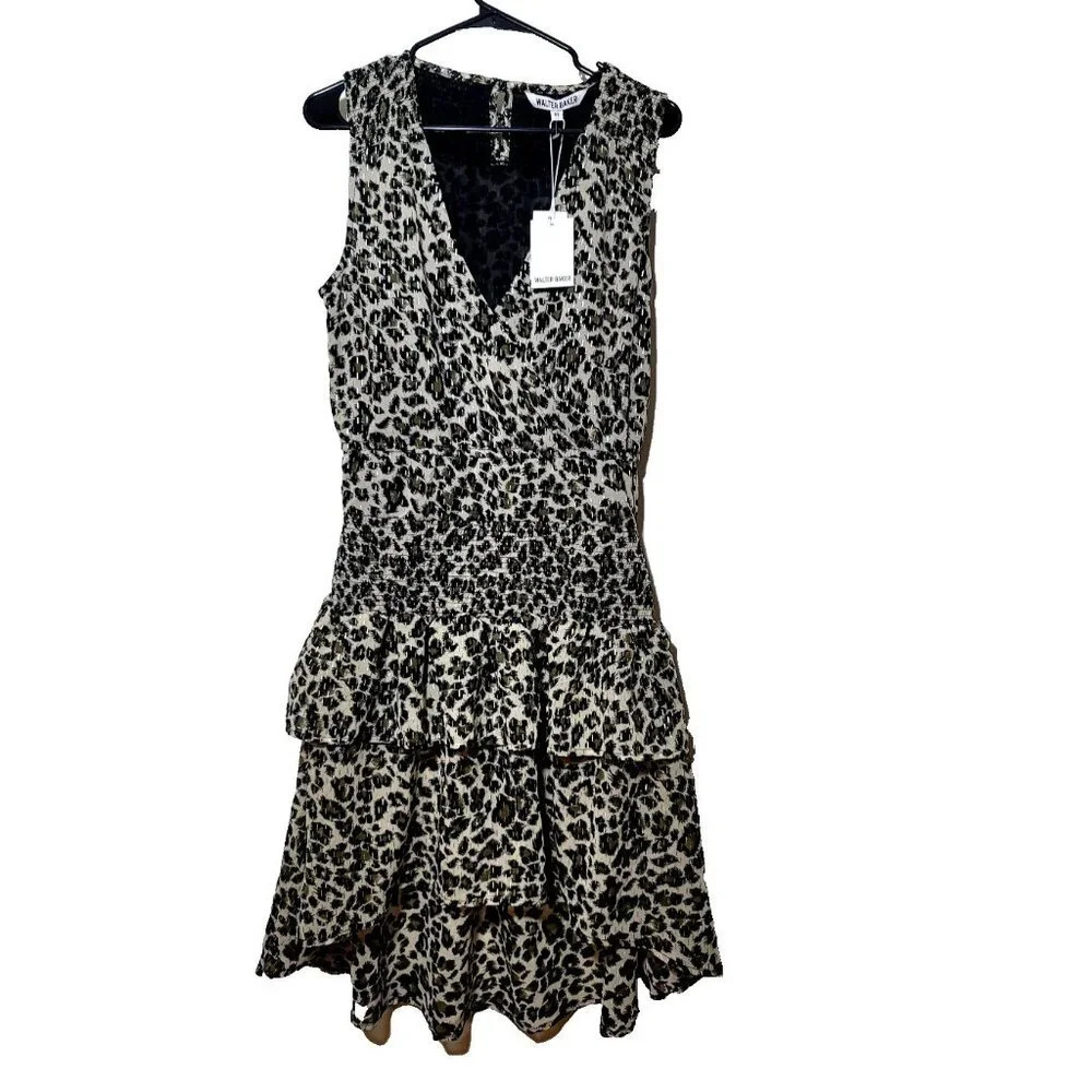 Walter Baker Leandria Dress M Leopard Metallic Smocked Ruffle Tiered Edgy Chic
